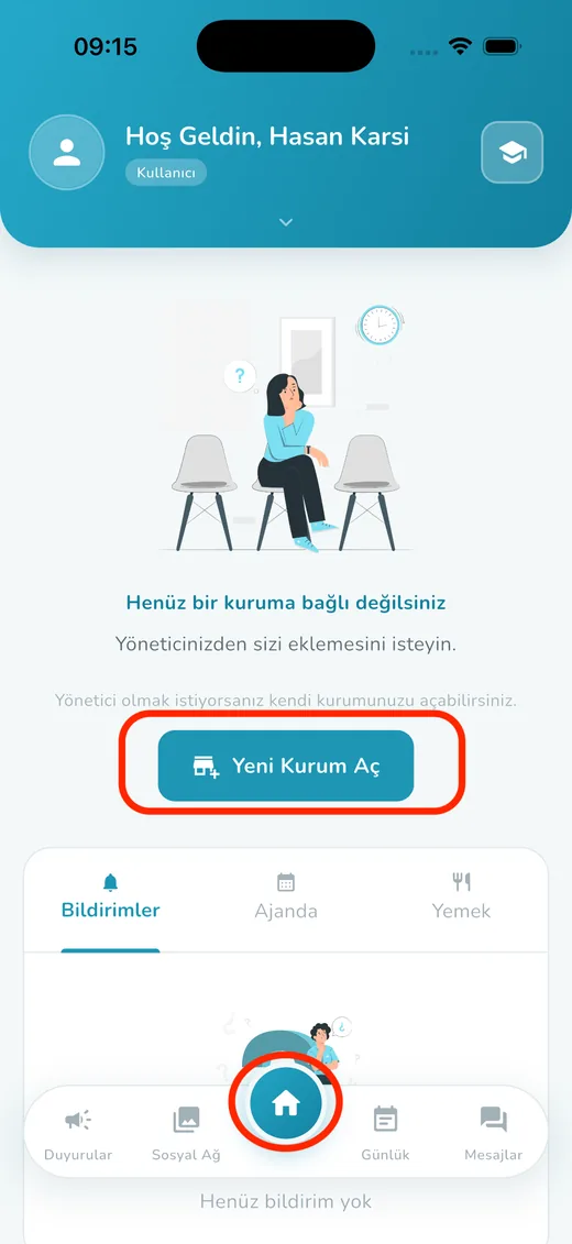 “Yeni Kurum Aç”a dokunun ekranı