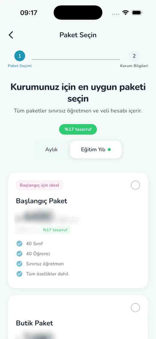 Paketinizi seçin ekranı