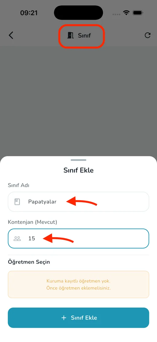Sınıfları oluşturun ekranı