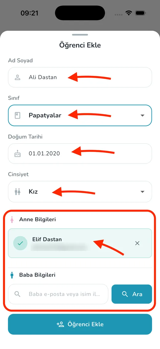 Öğrenci ve velileri ekleyin ekranı