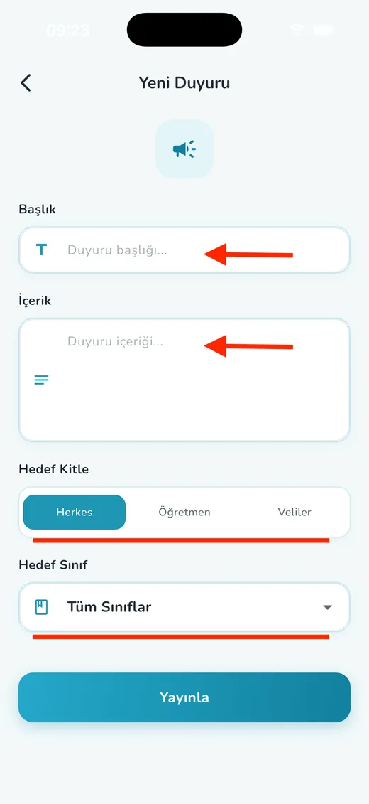 Duyuru yayınlayın ekranı