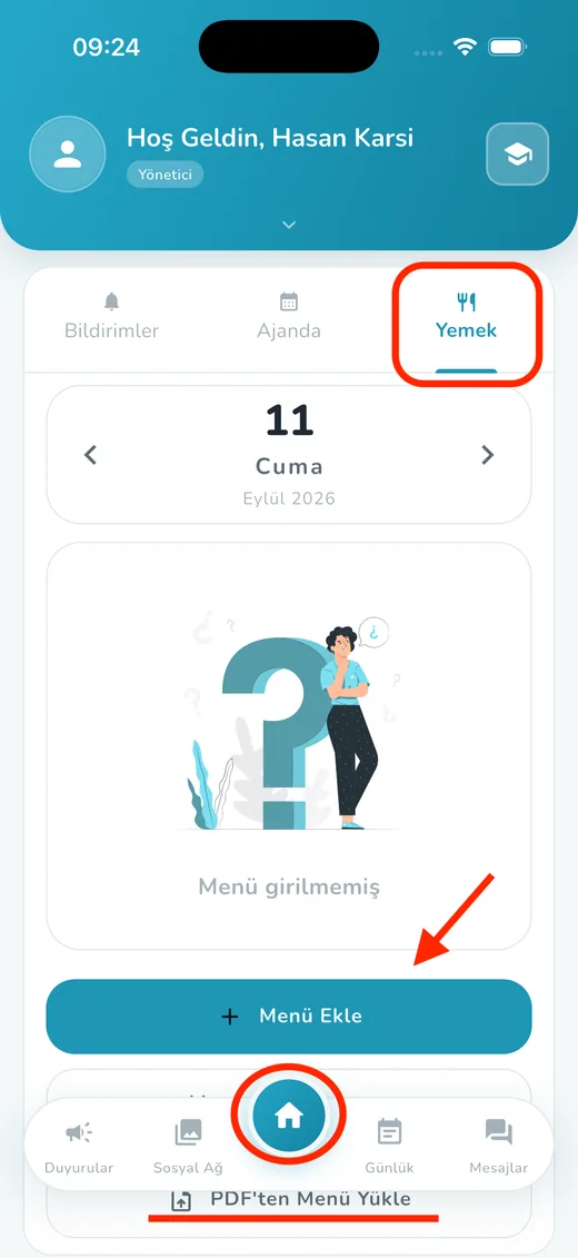 Yemek menüsünü ekleyin ekranı